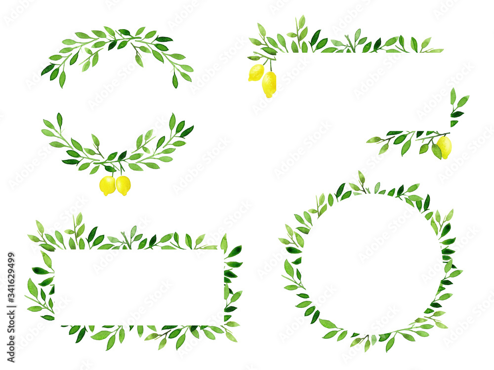 Collection of frames and borders with Green Foliage and Watercolor lemons. Decoration for card, labels and wedding invitations. Hand Painted Illustration
