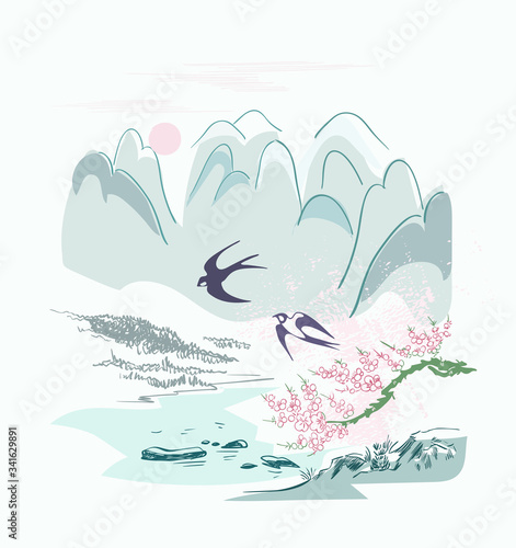 swallow birds nature landscape view vector sketch illustration japanese chinese oriental line art ink card background