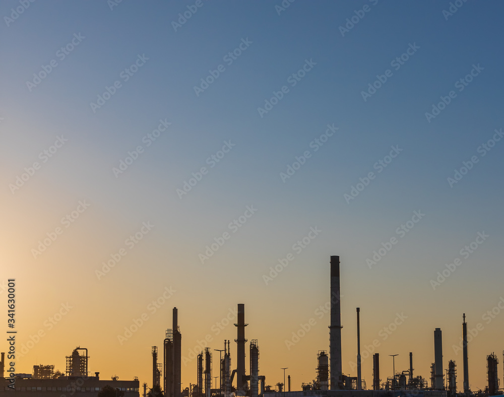 Industrial landscape, factory building in the Netherlands. Heavy industry in Europe, petrochemical industrial plant power station at sunset, pollution from smokestacks, ecology problems.