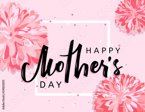 Mothers day hand lettering handmade calligraphic poster. Bright pink flowers greeting card.