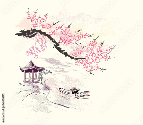 building landscape nature landscape view vector sketch illustration japanese chinese oriental line art ink card background