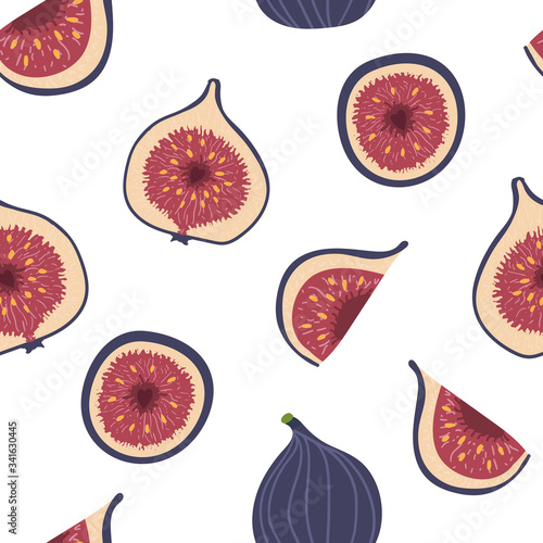 Seamless pattern with figs. Whole fig with half. Summer background. Wallpaper, print, packaging, paper, textile design. flat Vector illustration.