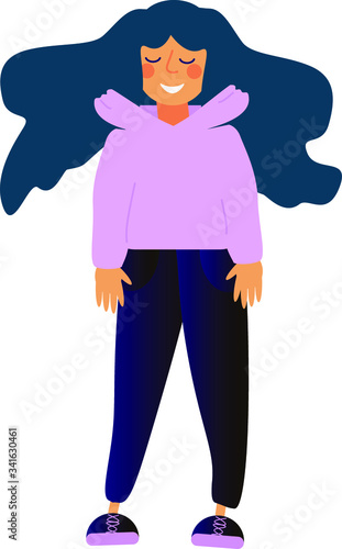 A pretty girl is dressed in purple sweater