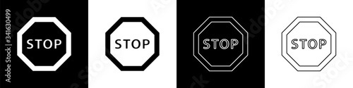 Set Stop sign icon isolated on black and white background. Traffic regulatory warning stop symbol.  Vector Illustration