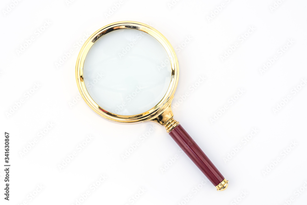 Maroon handle and golden rim Magnifying glass on a white background
Maroon handle and golden rim Magnifying glass on a white background