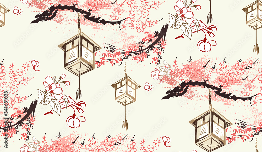 Gardinen mit Papierlaternen Natur Landschaftsansicht Vektor Skizze Abbildung Japanisch Chinesisch Orientalisch Linie Kunst Tinte nahtlose Muster #341631033