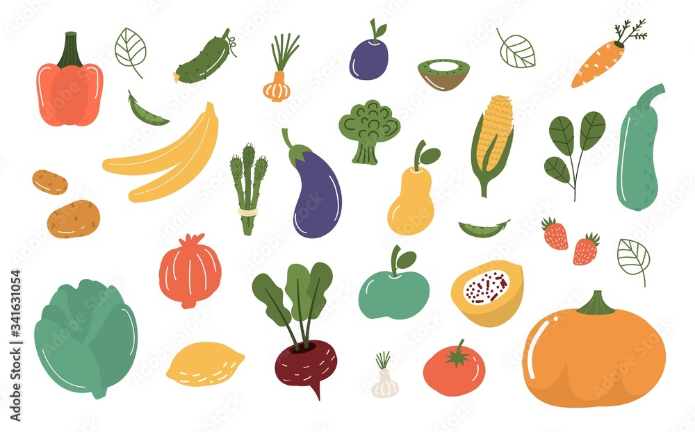 Fototapeta premium Fruits and vegetables isolated vector illustration.