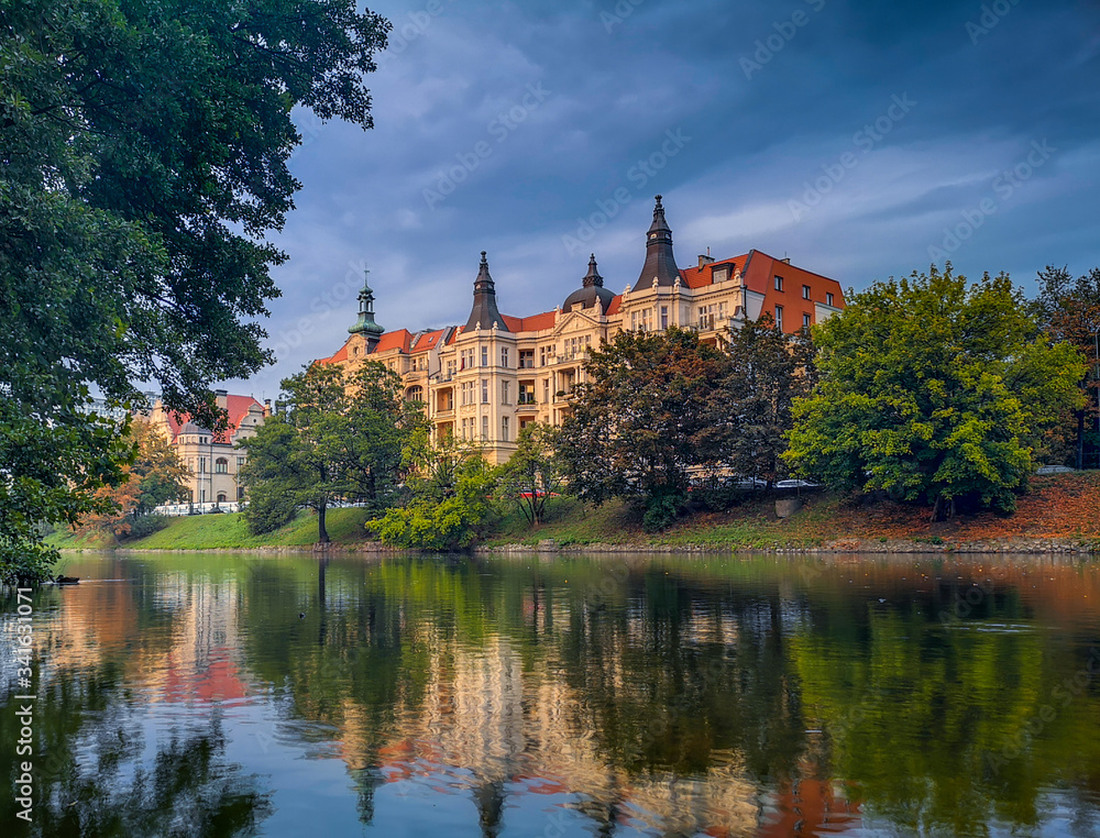 Epic palace behind river in stormy day in Wroclaw City Epic palace behind river in stormy day in Wroclaw City