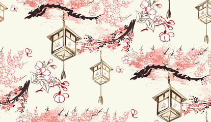 Deken met foto Japanse stijl patronen paper lanterns nature landscape view vector sketch illustration japanese chinese oriental line art ink seamless pattern  © CharlieNati
