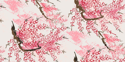 Canvas schilderij Japanse stijl patronen Sakura landschap in oosterse inktstijl  © CharlieNati