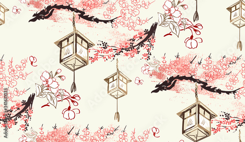 paper lanterns nature landscape view vector sketch illustration japanese chinese oriental line art ink seamless pattern