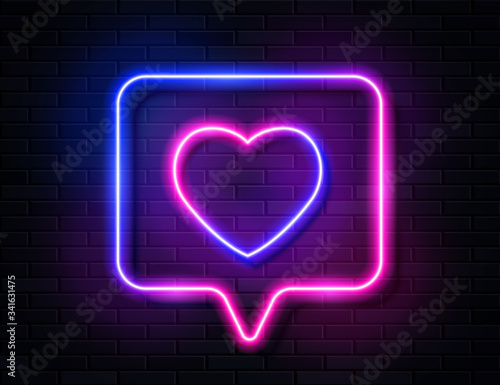 Neon Gradient Glowing Heart in Spech Bubble Banner on Dark Empty Grunge Brick Background.