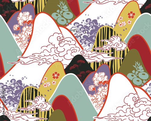 mountains traditional geometric kimono pattern vector sketch illustration line art japanese chinese oriental design seamless