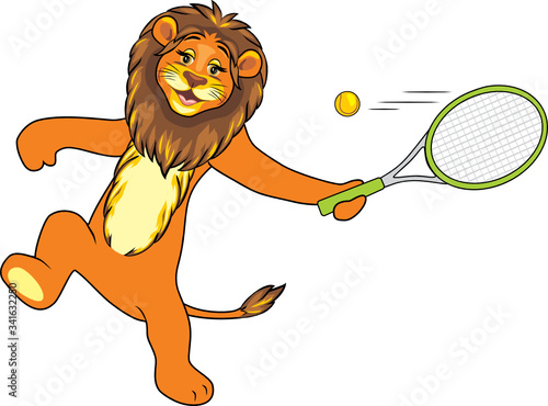 Happy smiling lion plays tennis