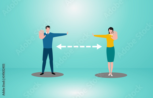  man and woman with his hand raised in signal to stop,keep distance away in the meeting with virus pathogens. keep distance in public society people to protect from COVID-19 outbreak .