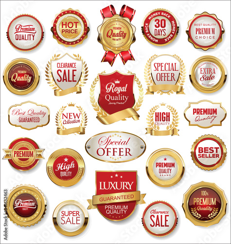 Retro vintage gold and red badges and labels collection