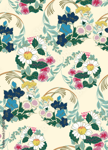 flowers japanese chinese design sketch ink paint style seamless pattern