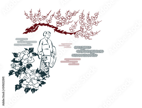 woman nature flower view vector sketch illustration japanese chinese oriental line art ink card background