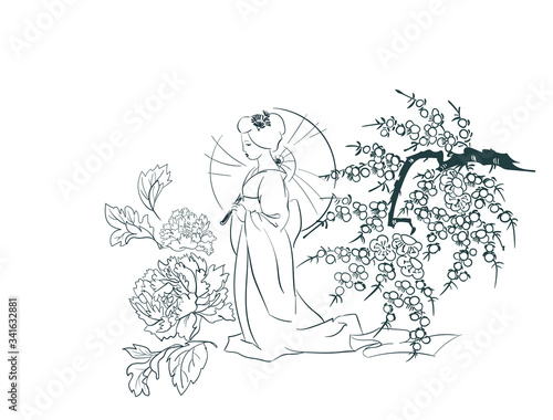 woman nature flower view vector sketch illustration japanese chinese oriental line art ink card background