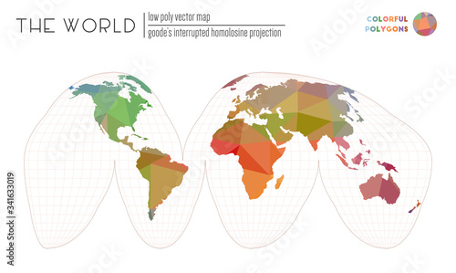 Abstract world map. Goode's interrupted homolosine projection of the world. Colorful polygons. Neat vector illustration.