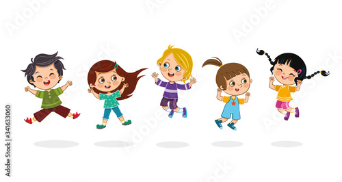 Cheerful kids jumping together. Isolated vector illustration.