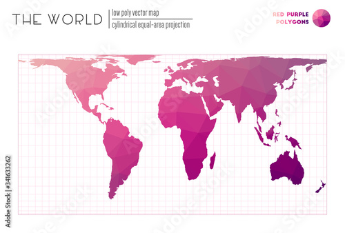 World map in polygonal style. Cylindrical equal-area projection of the world. Red Purple colored polygons. Trending vector illustration.