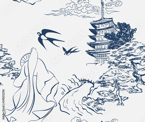 kimono girl flowers blossom traditional geometric kimono seamless pattern vector sketch illustration line art japanese chinese oriental design