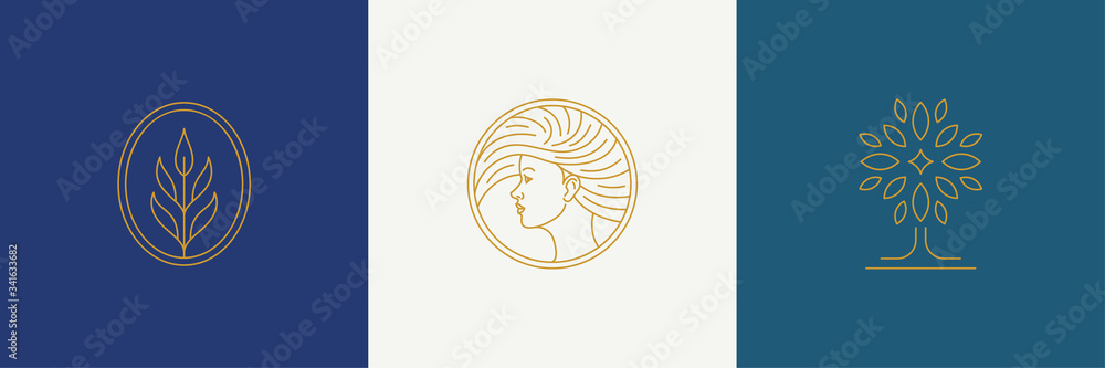 Vector line minimal decoration design elements set - female face and branch leaves illustrations simple linear style
