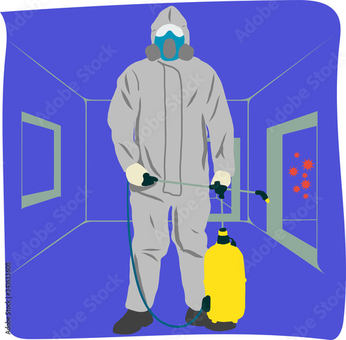 Coronavirus cleaning and disinfection services. Vector flat illustration of a man in a full protective suit.