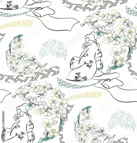 kimono girl flowers blossom traditional geometric kimono seamless pattern vector sketch illustration line art japanese chinese oriental design