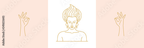 Vector line minimal decoration design elements set - female face and gesture hands illustrations minimal linear style