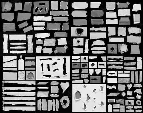 Collection of ripped torn paper isolated on white background photo