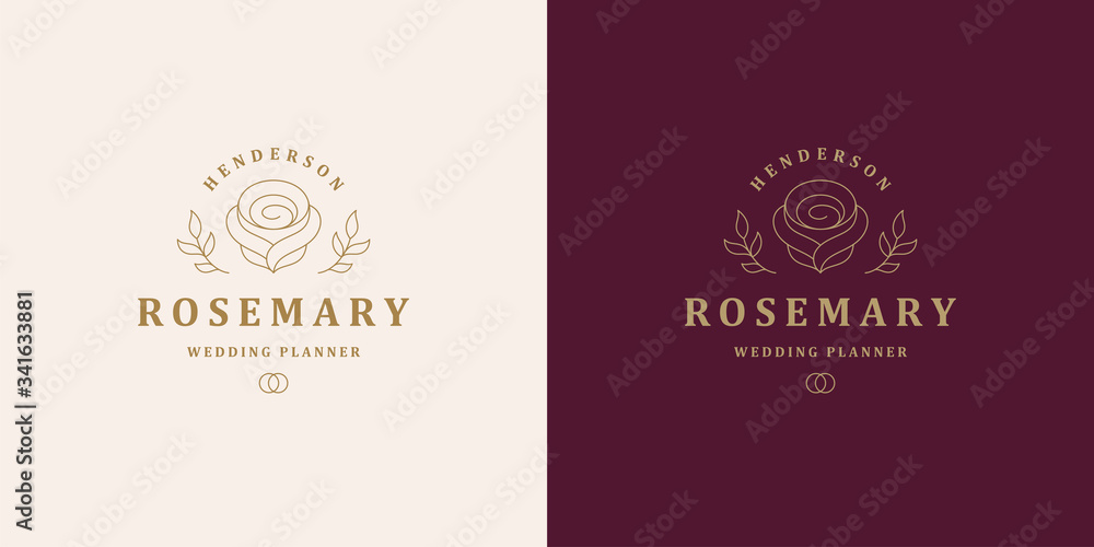 Rose flower petal line and branch with leaves vector logo emblem design template illustration simple linear style