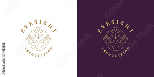 Female line hands holding eye vector logo emblem design template illustration simple minimal linear style
