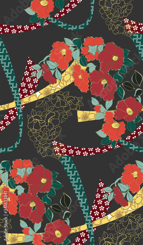 flowers blossom traditional geometric kimono seamless pattern vector sketch illustration line art japanese chinese oriental design