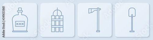 Set line Alcohol drink Rum bottle, Tomahawk axe, Detonate dynamite bomb stick and Shovel. White square button. Vector