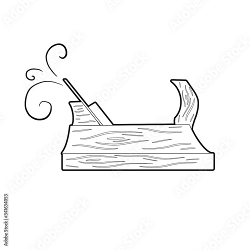Contour illustration of a wooden carpenter plane with shavings. Old carpentry tools. Hobbies and craft. Vector outline object for logos, icons, banners and your creativity.