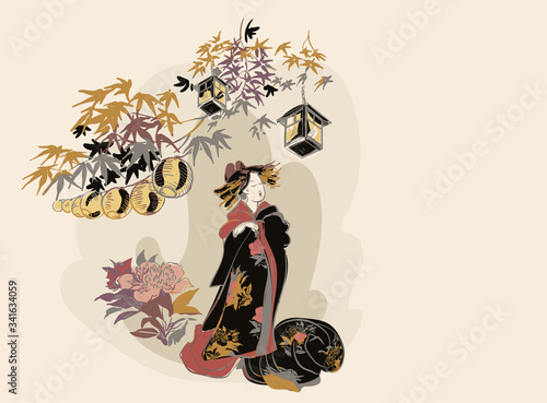 woman nature flower view vector sketch illustration japanese chinese oriental line art ink card background