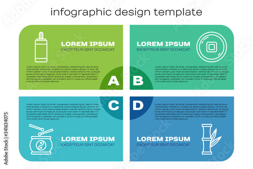 Set line Chinese drum, Firework, Bamboo and Chinese Yuan currency. Business infographic template. Vector