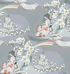 Fotobehang Grijs patronen Japanse kimonomeisjes met bloesems  © CharlieNati