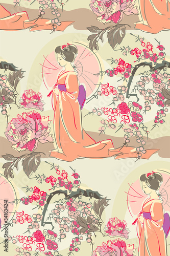 kimono girl flowers blossom traditional geometric kimono seamless pattern vector sketch illustration line art japanese chinese oriental design