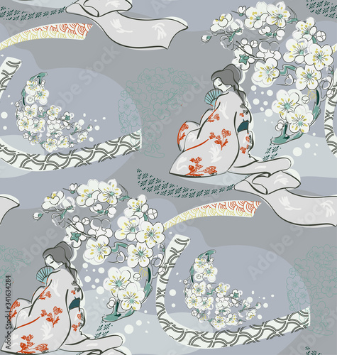 kimono girl flowers blossom traditional geometric kimono seamless pattern vector sketch illustration line art japanese chinese oriental design