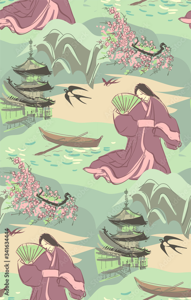 kimono girl flowers blossom traditional geometric kimono seamless pattern vector sketch illustration line art japanese chinese oriental design