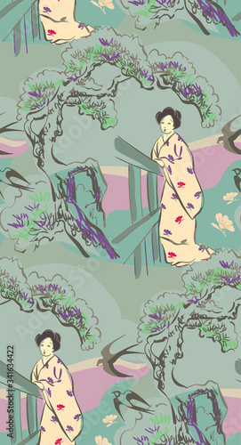 kimono girl flowers blossom traditional geometric kimono seamless pattern vector sketch illustration line art japanese chinese oriental design