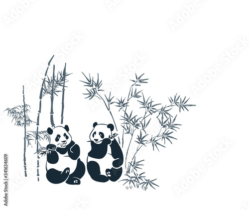 panda bamboo sketch vector japanese chinese design isolated elements