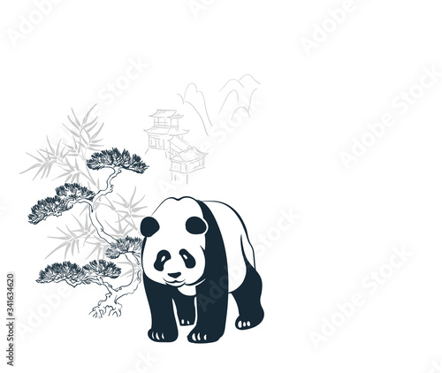 panda pine sketch vector japanese chinese design isolated elements