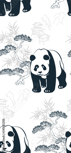 panda bear sketch vector japanese chinese design seamless pattern