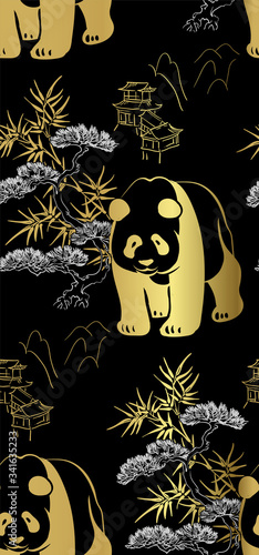 panda bear sketch vector japanese chinese design seamless pattern