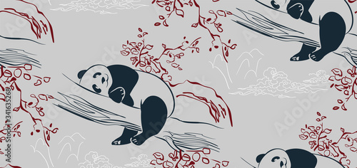 panda bear sketch vector japanese chinese design seamless pattern