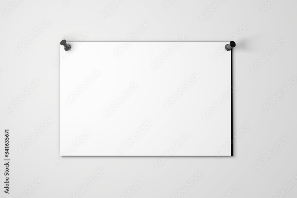 Blank white poster mock up pinned to a plain grey wall. 3D rendering Blank white poster mock up pinned to a plain grey wall. 3D rendering